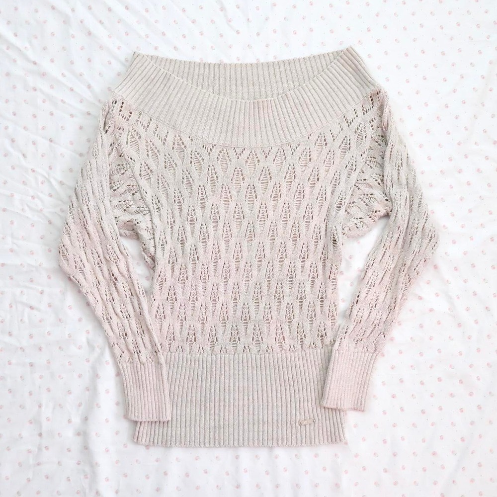 guess jeans beige off shoulder knit sweater y2k